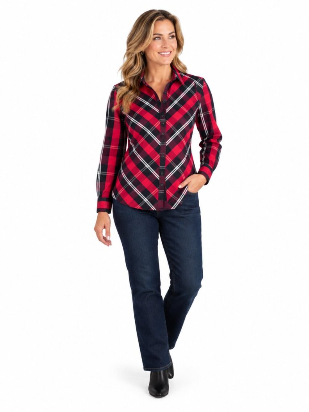 Foxcroft Womens 12 Red Black Plaid Wrinkle Free Button Down Shirt Shaped Fit